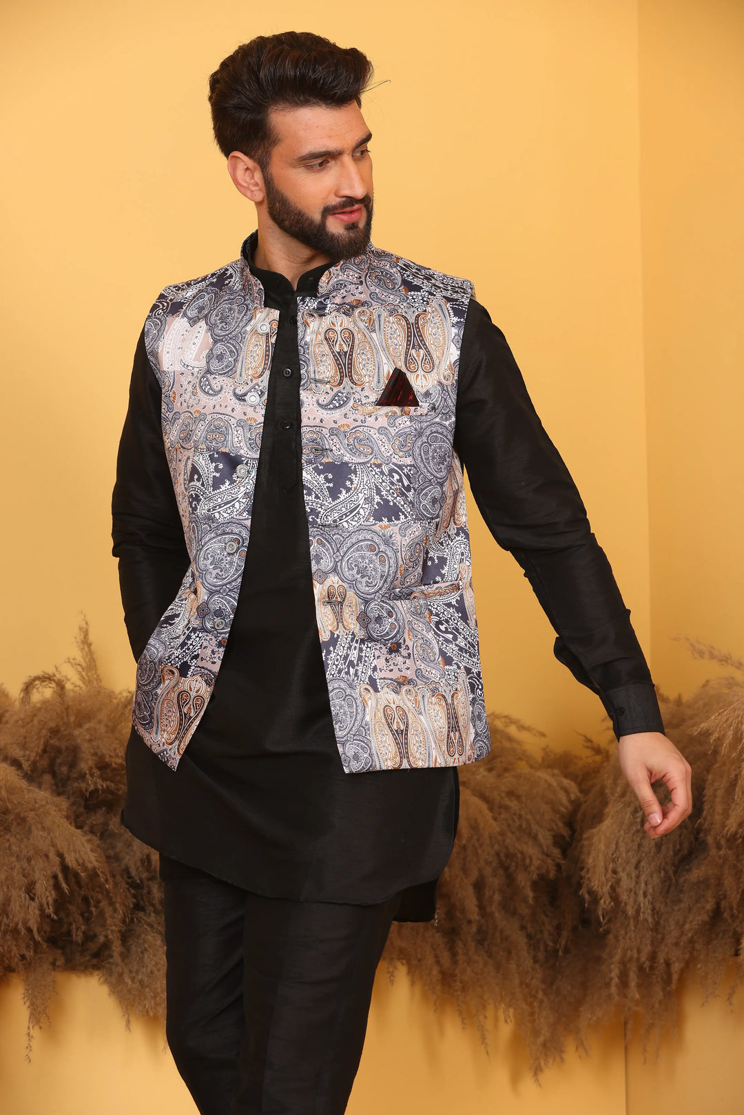 Multi Color Nehru Jacket and Black Kurta with Pant Set for Men