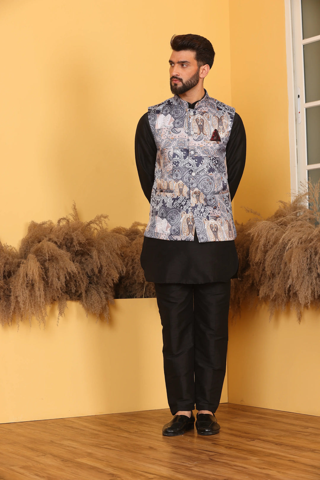 Multi Color Nehru Jacket and Black Kurta with Pant Set for Men