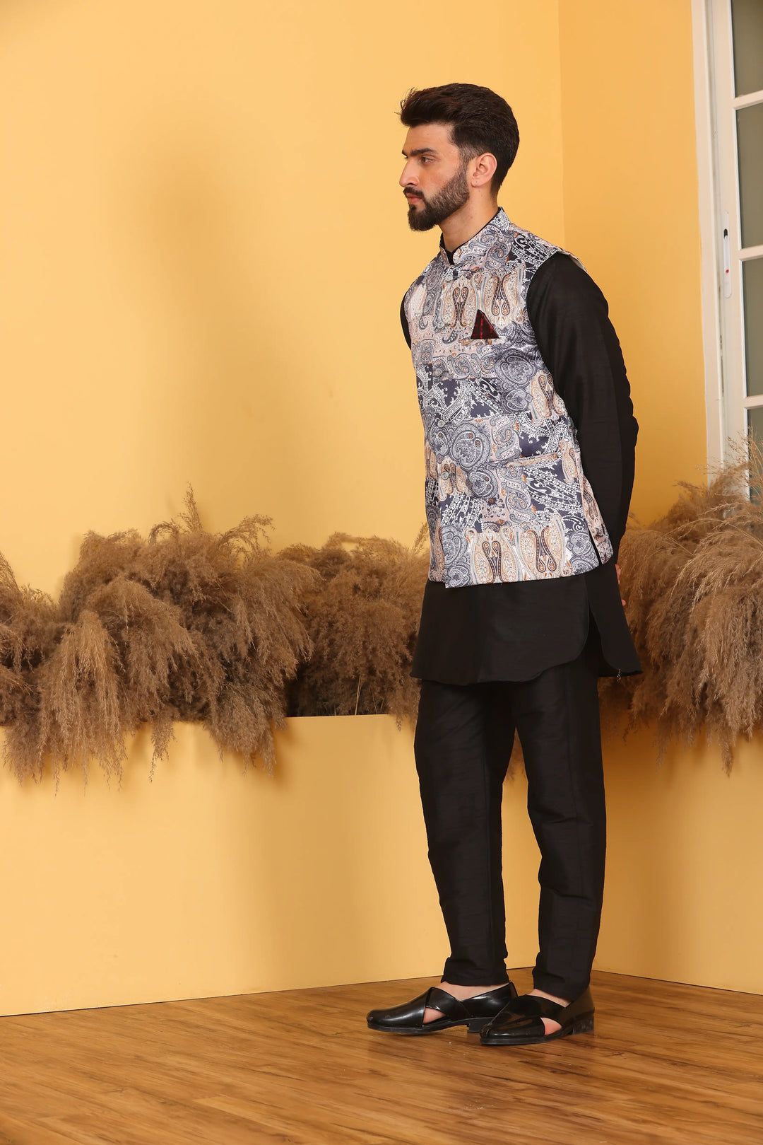 Multi Color Nehru Jacket and Black Kurta with Pant Set for Men