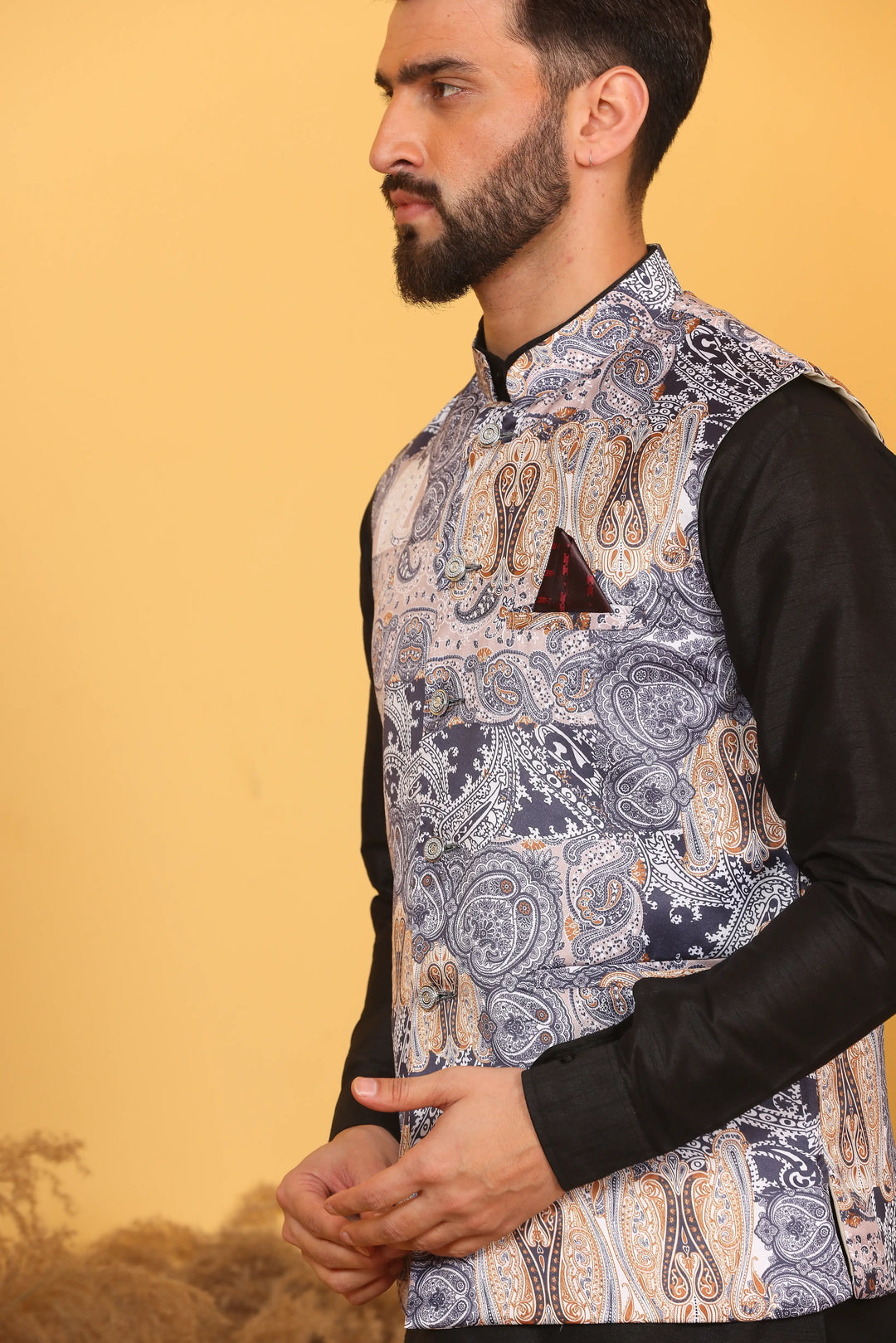 Multi Color Nehru Jacket and Black Kurta with Pant Set for Men