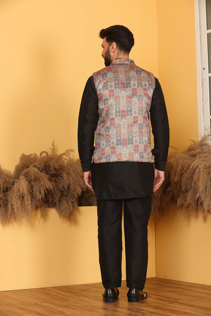 Multi Color Nehru Jacket and Black Kurta with Pant Set for Men