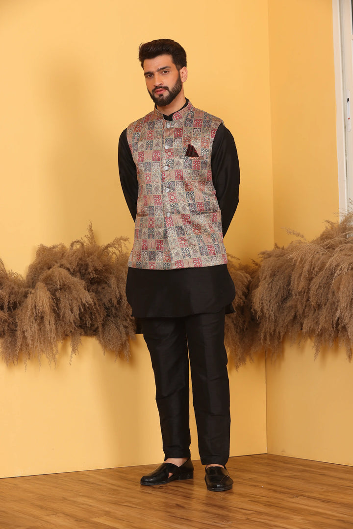 Multi Color Nehru Jacket and Black Kurta with Pant Set for Men