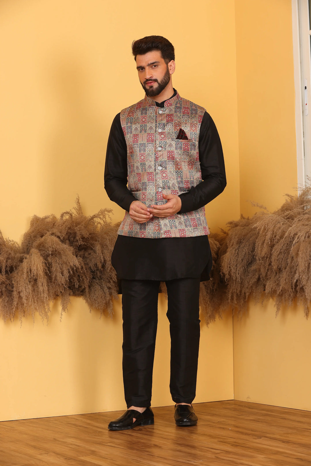 Multi Color Nehru Jacket and Black Kurta with Pant Set for Men