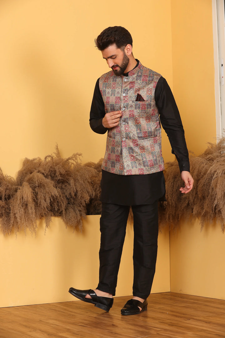 Multi Color Nehru Jacket and Black Kurta with Pant Set for Men