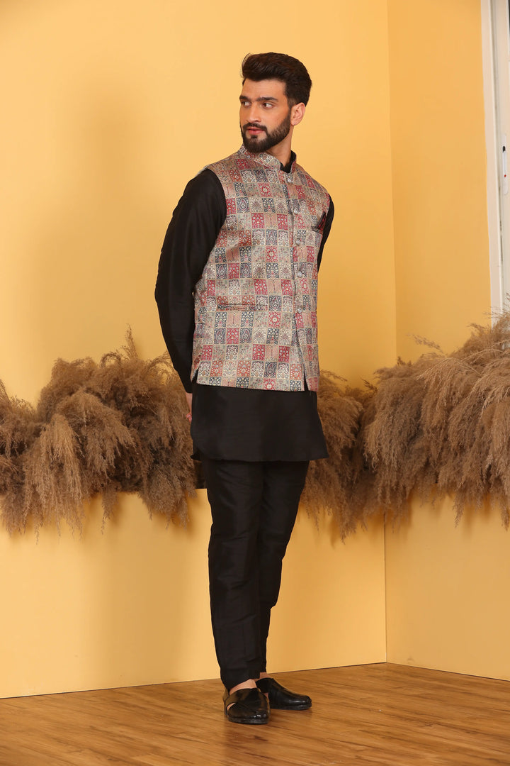 Multi Color Nehru Jacket and Black Kurta with Pant Set for Men