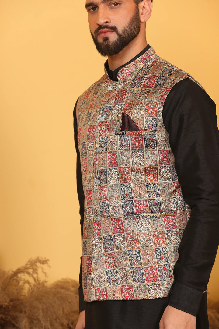 Multi Color Nehru Jacket and Black Kurta with Pant Set for Men