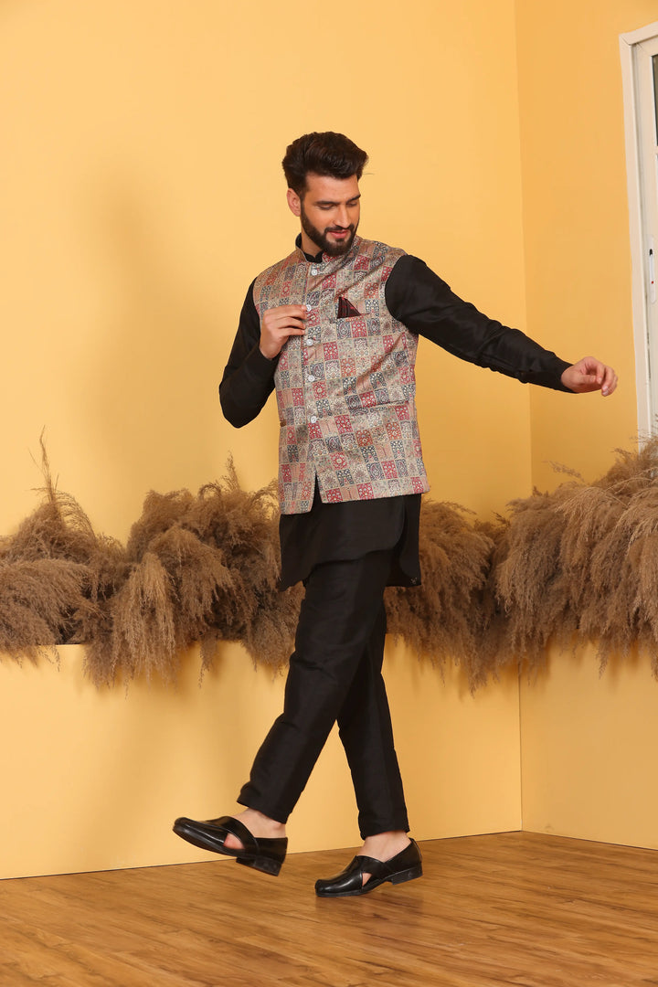 Multi Color Nehru Jacket and Black Kurta with Pant Set for Men