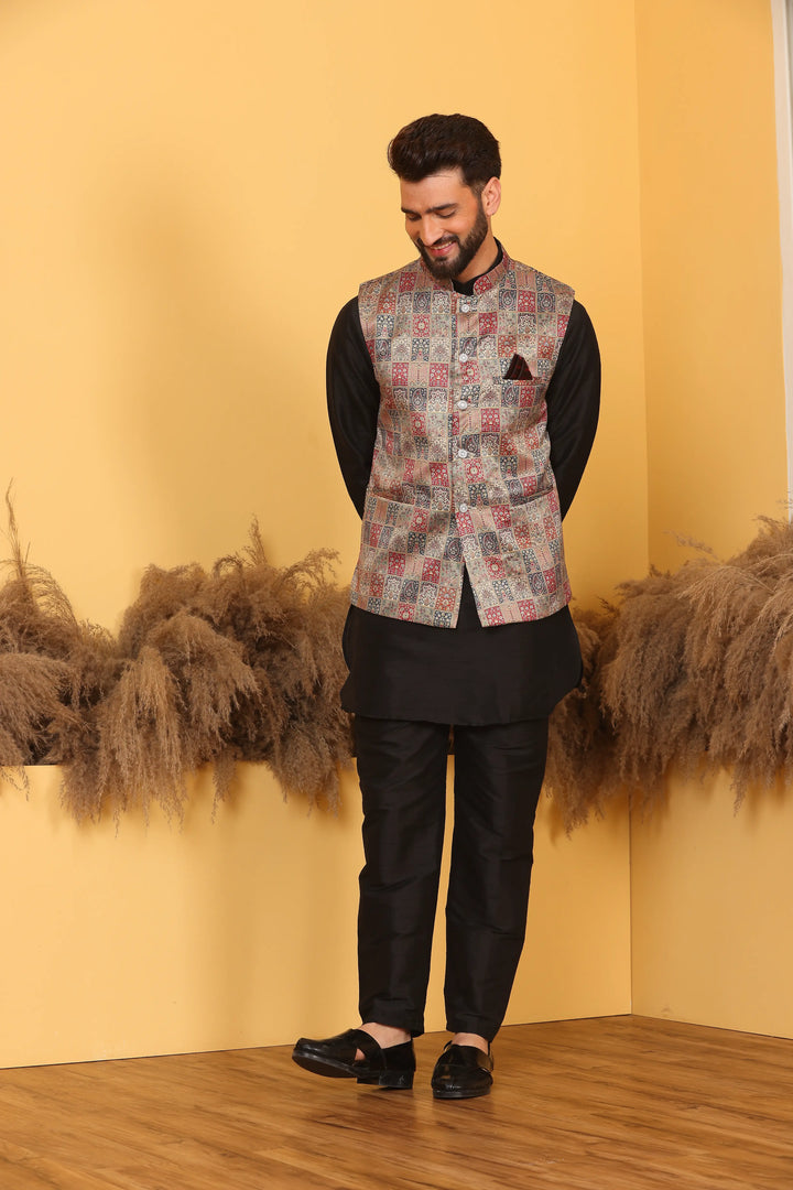 Multi Color Nehru Jacket and Black Kurta with Pant Set for Men