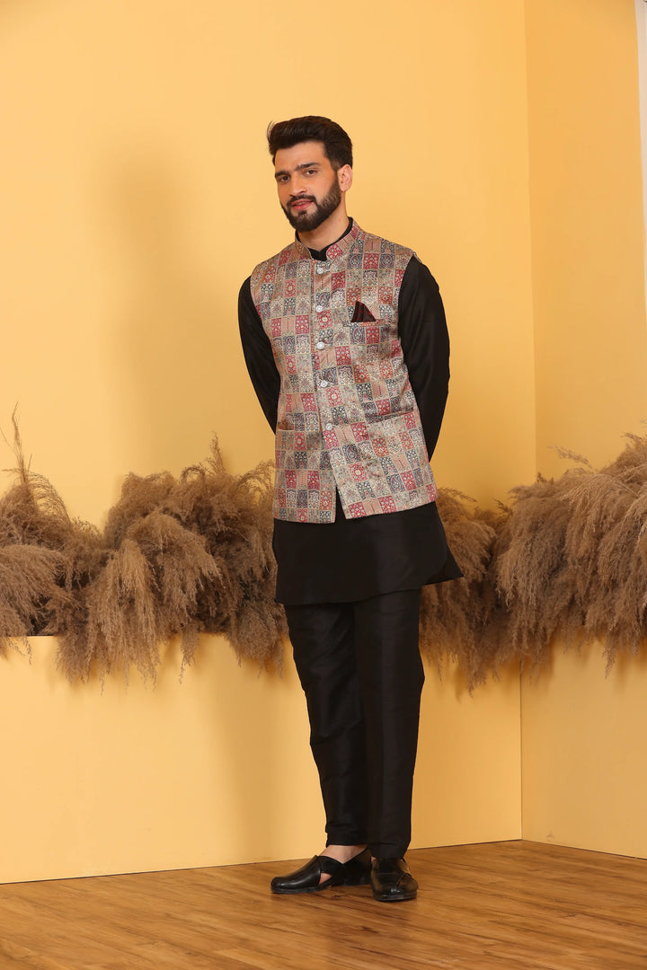 Multi Color Nehru Jacket and Black Kurta with Pant Set for Men