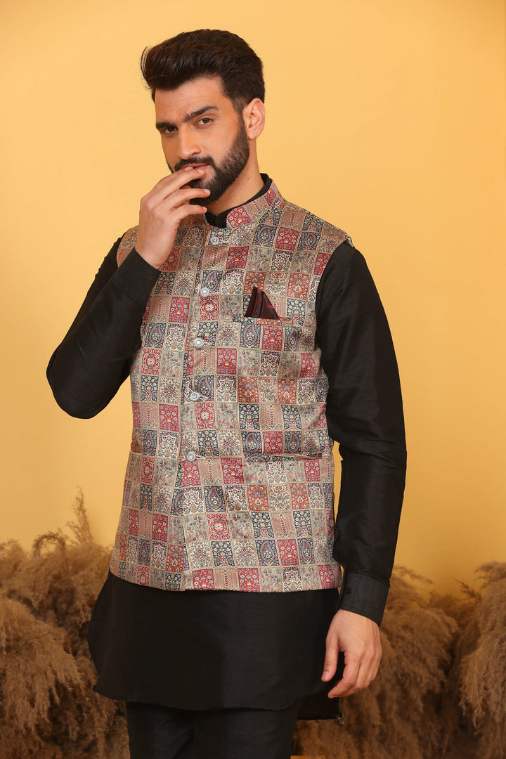 Multi Color Nehru Jacket and Black Kurta with Pant Set for Men