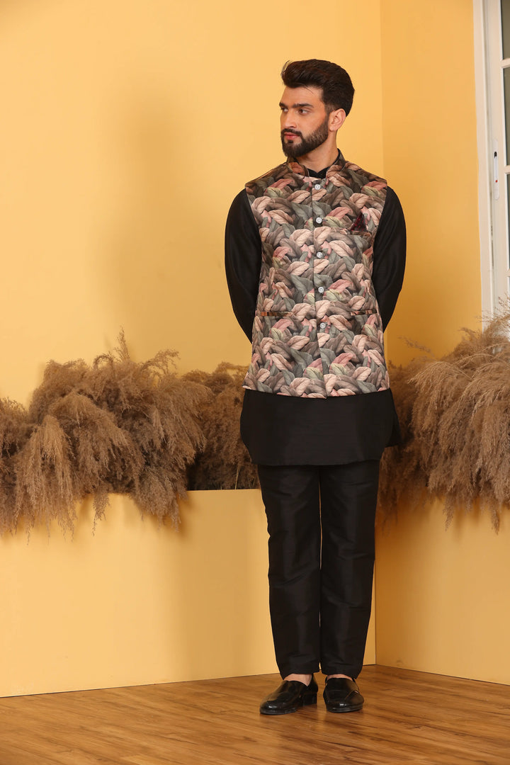 Multi Color Nehru Jacket and Black Kurta with Pant Set for Men