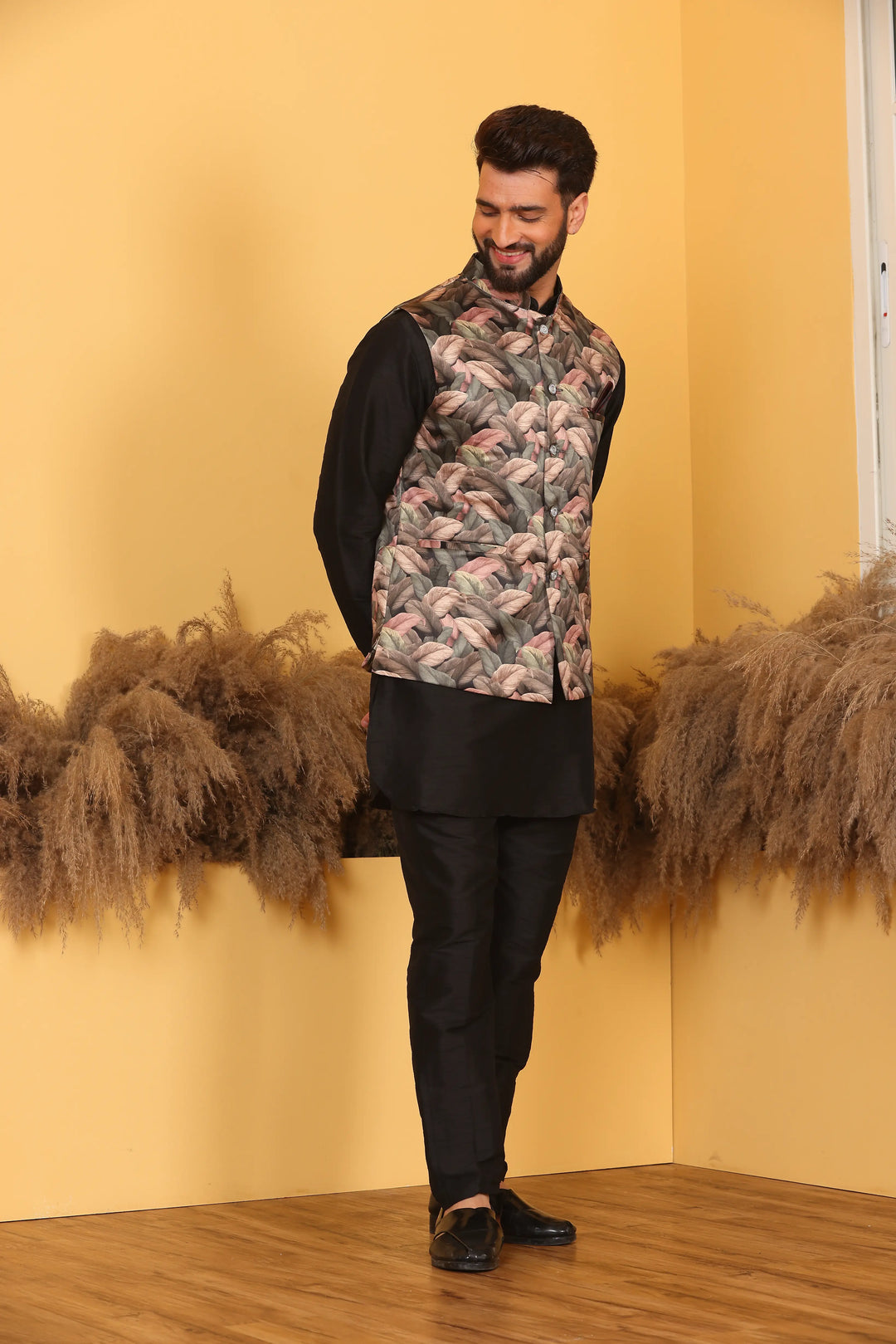 Multi Color Nehru Jacket and Black Kurta with Pant Set for Men