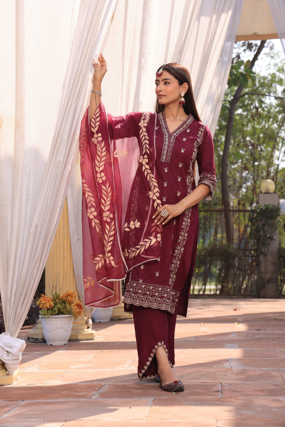 Maroon Pakistani Straight Embroidered suit with Trousers and Dupatta Set for Women