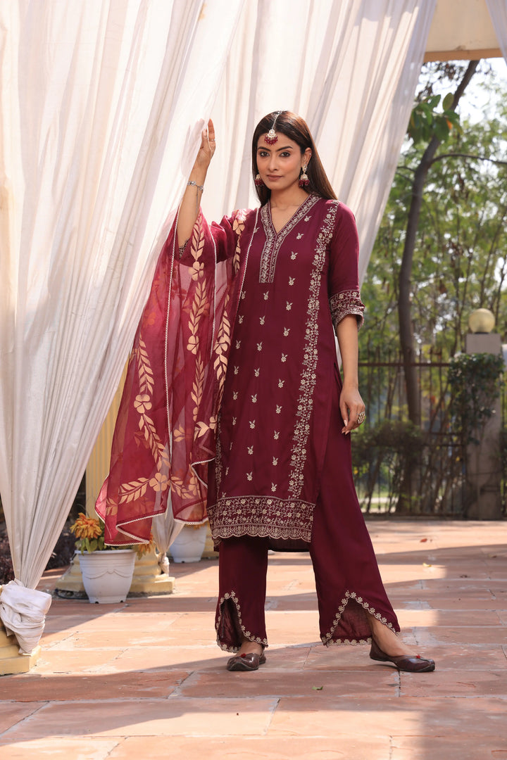 Maroon Pakistani Straight Embroidered suit with Trousers and Dupatta Set for Women