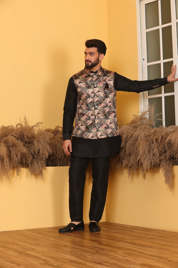 Multi Color Nehru Jacket and Black Kurta with Pant Set for Men