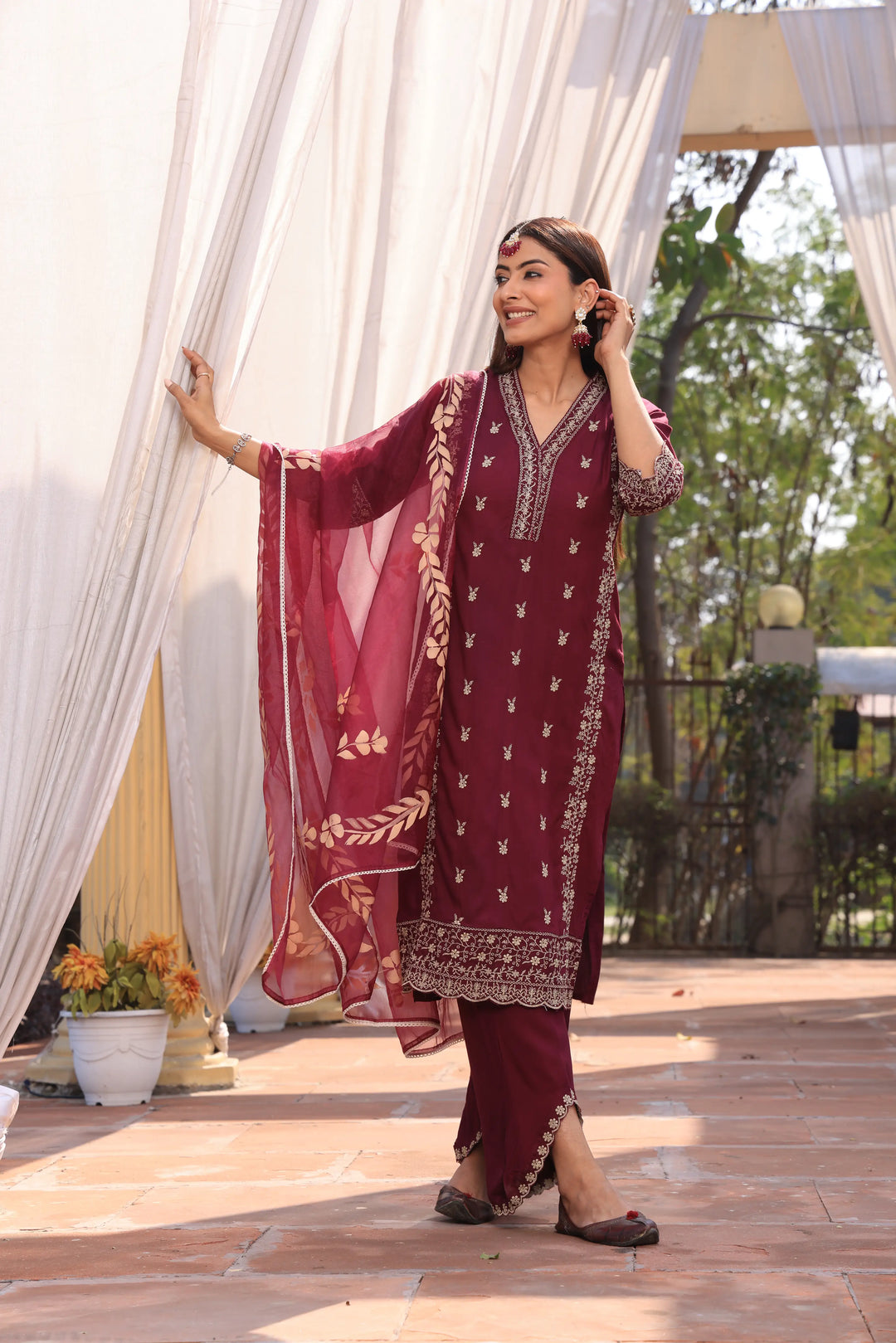 Maroon Pakistani Straight Embroidered suit with Trousers and Dupatta Set for Women