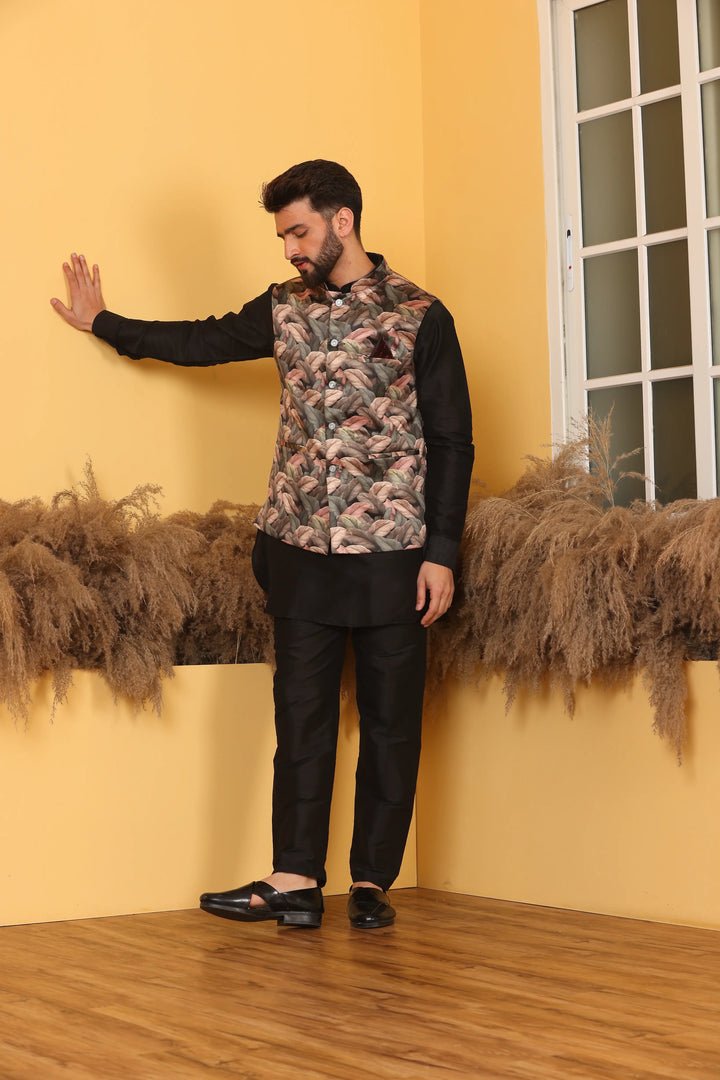 Multi Color Nehru Jacket and Black Kurta with Pant Set for Men