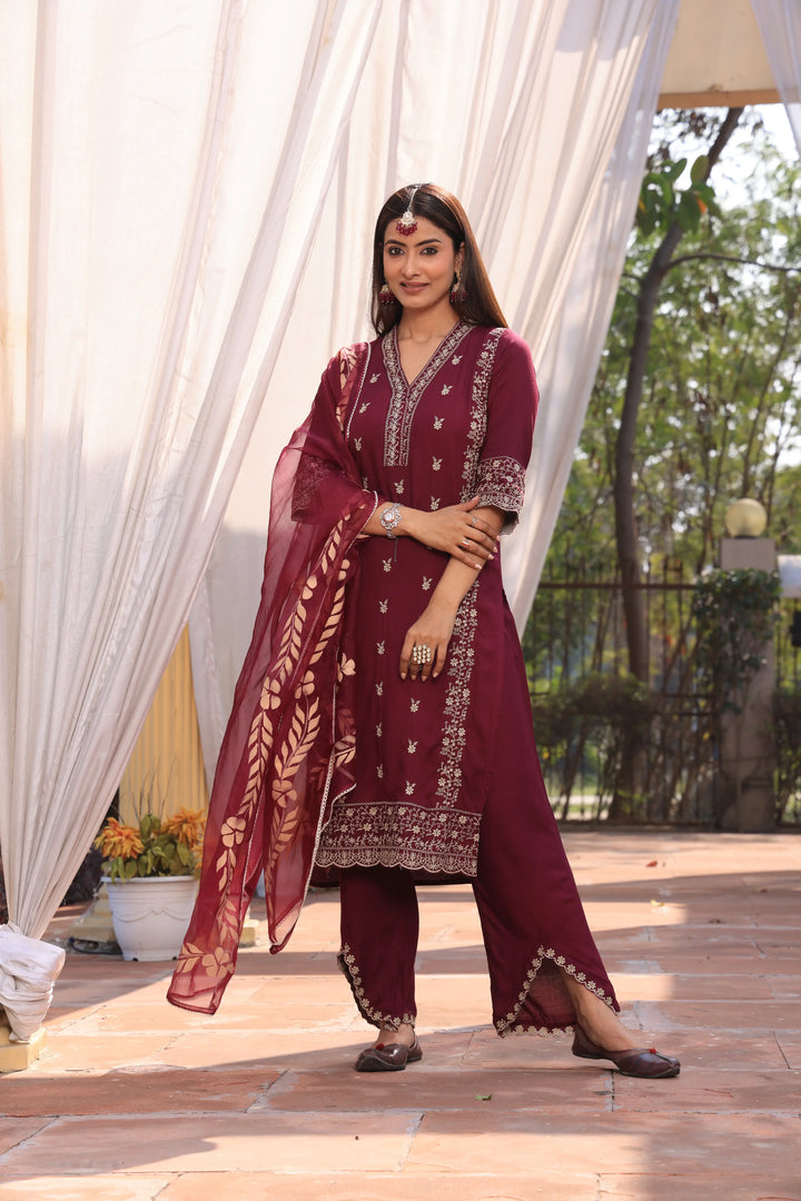 Maroon Pakistani Straight Embroidered suit with Trousers and Dupatta Set for Women