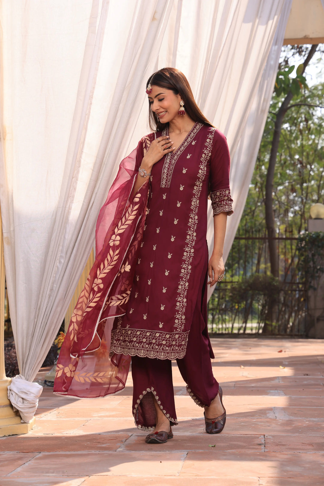 Maroon Pakistani Straight Embroidered suit with Trousers and Dupatta Set for Women