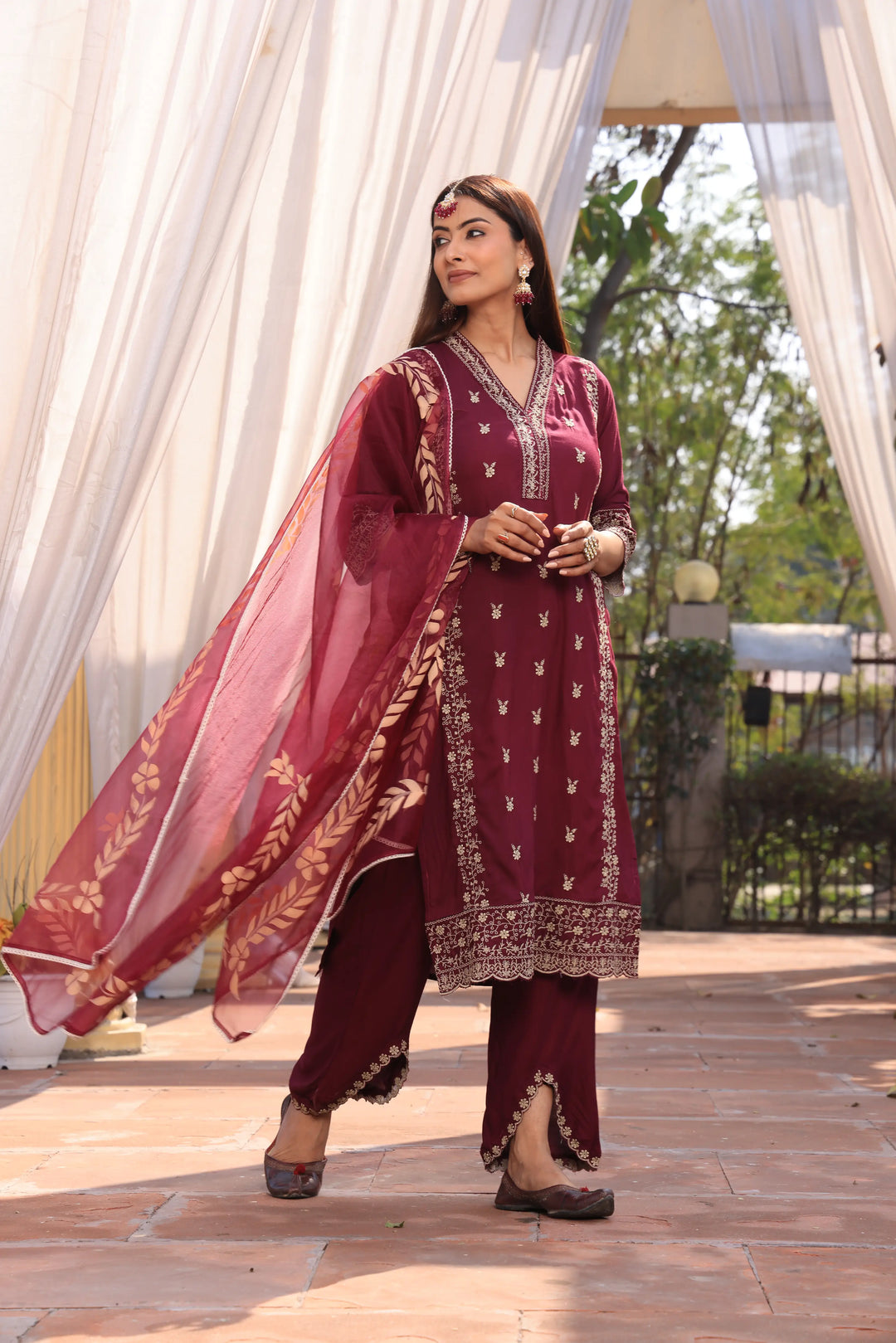 Maroon Pakistani Straight Embroidered suit with Trousers and Dupatta Set for Women