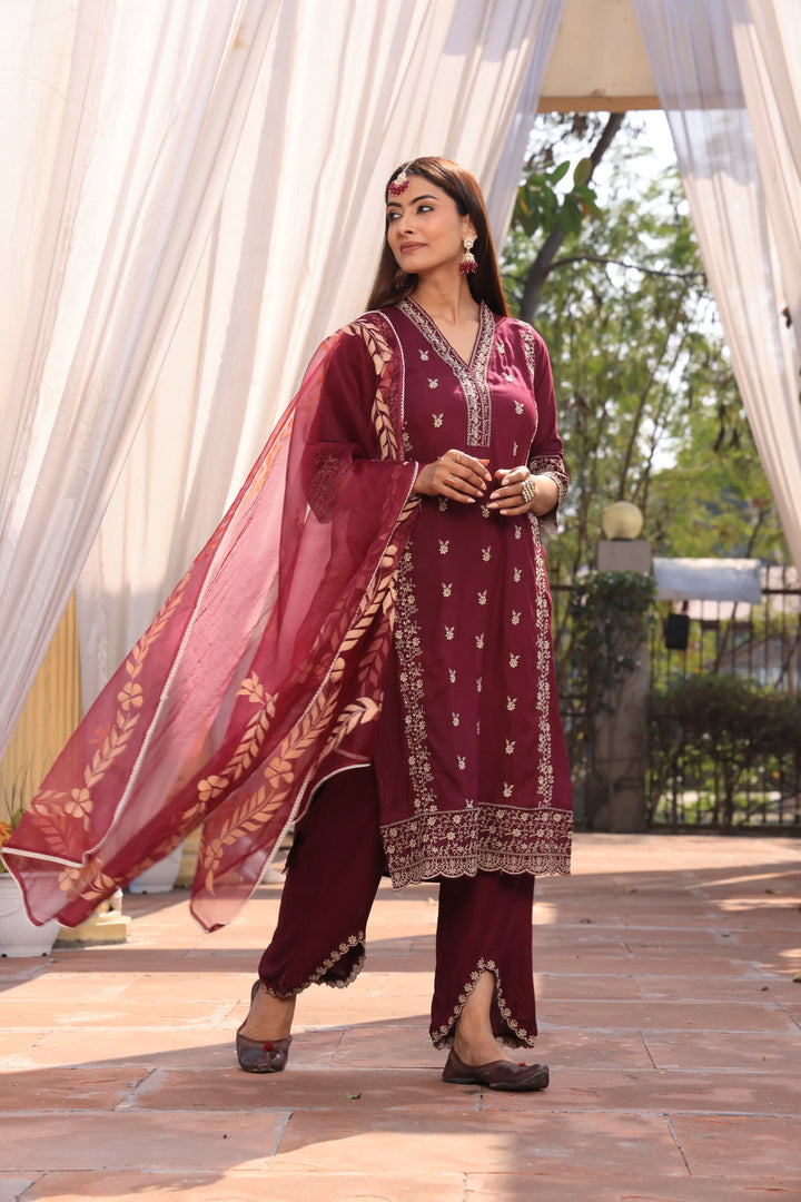 Maroon Pakistani Straight Embroidered suit with Trousers and Dupatta Set for Women