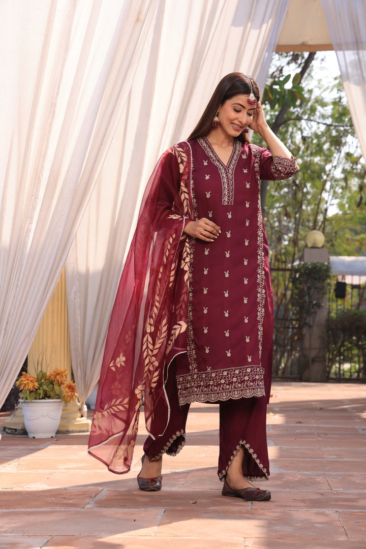 Maroon Pakistani Straight Embroidered suit with Trousers and Dupatta Set for Women