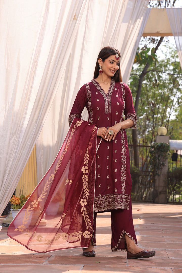 Maroon Pakistani Straight Embroidered suit with Trousers and Dupatta Set for Women