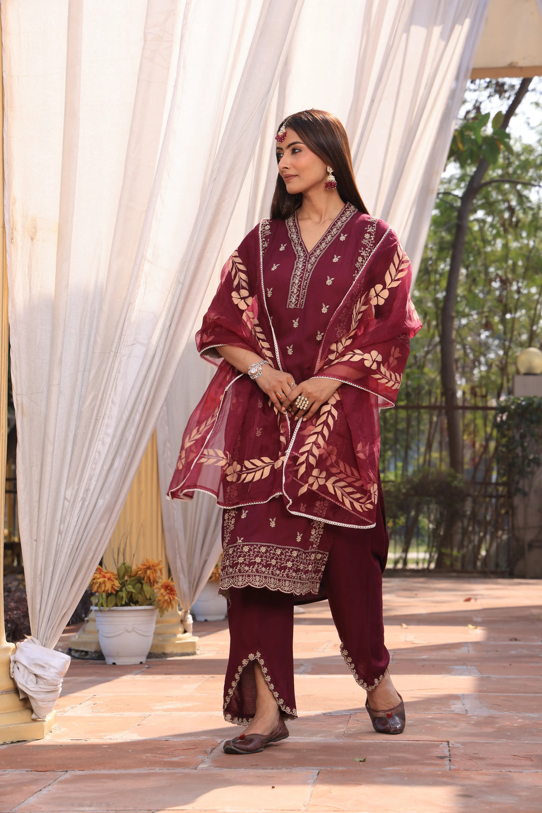 Maroon Pakistani Straight Embroidered suit with Trousers and Dupatta Set for Women