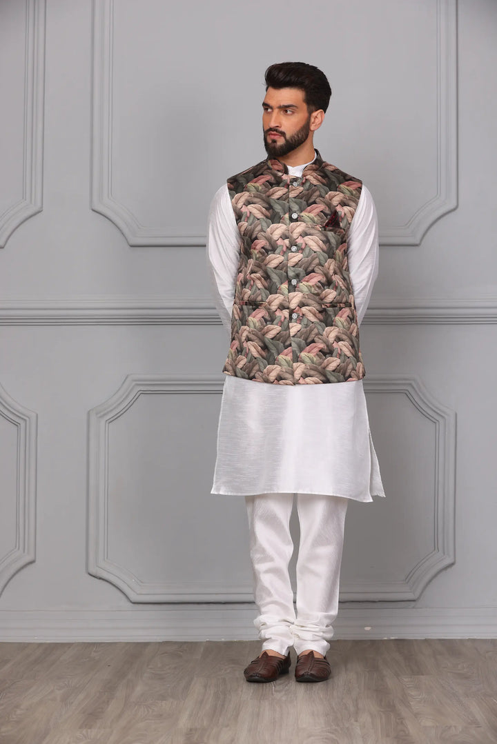 Stylish Multi-Color Nehru Jacket & White Kurta with Churidar