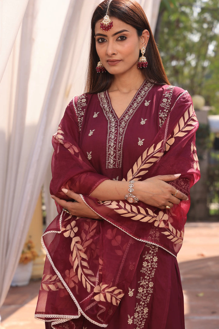 Maroon Pakistani Straight Embroidered suit with Trousers and Dupatta Set for Women