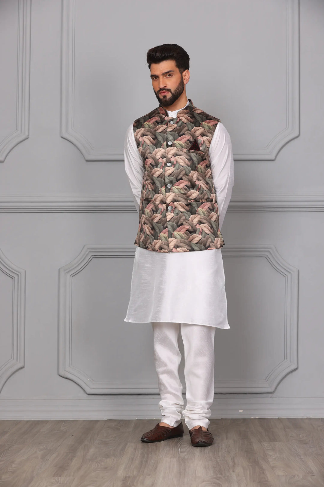 Stylish Multi-Color Nehru Jacket & White Kurta with Churidar