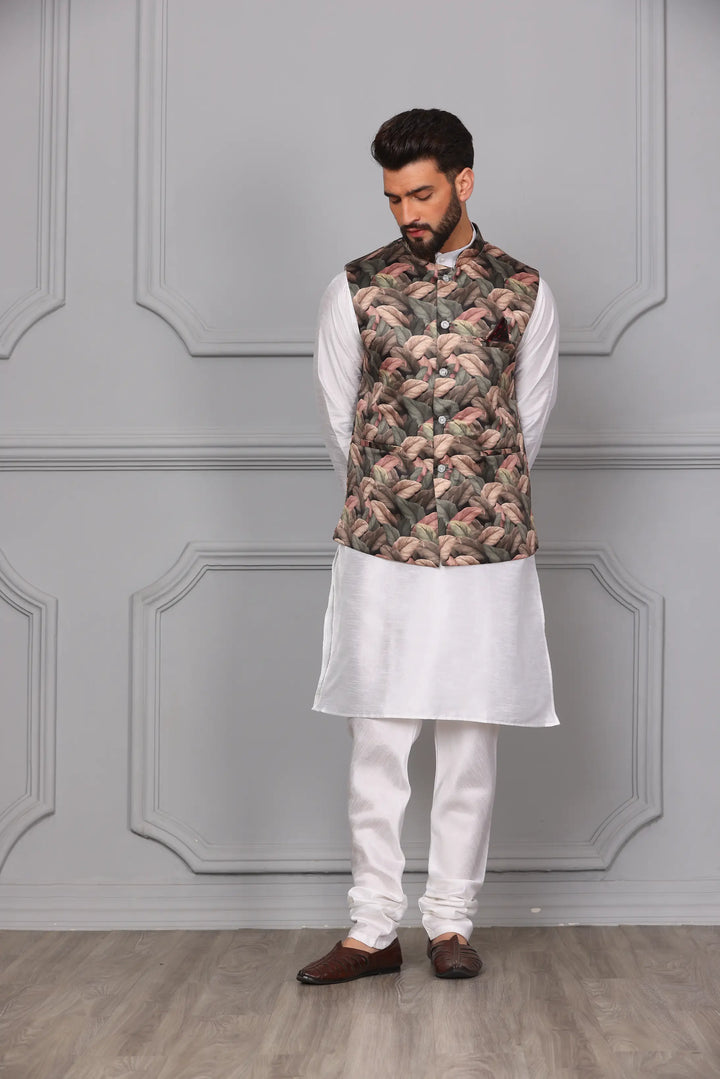 Stylish Multi-Color Nehru Jacket & White Kurta with Churidar