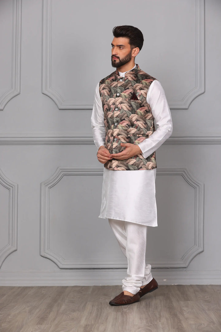 Stylish Multi-Color Nehru Jacket & White Kurta with Churidar