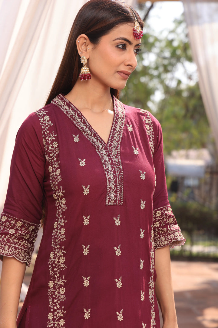 Maroon Pakistani Straight Embroidered suit with Trousers and Dupatta Set for Women