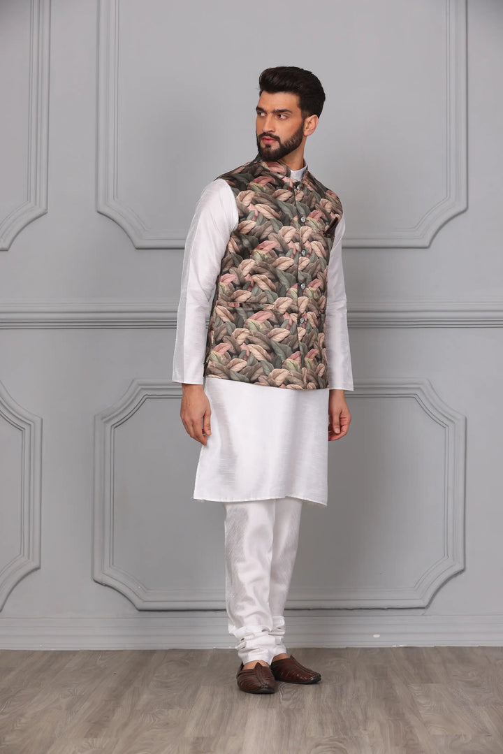 Stylish Multi-Color Nehru Jacket & White Kurta with Churidar