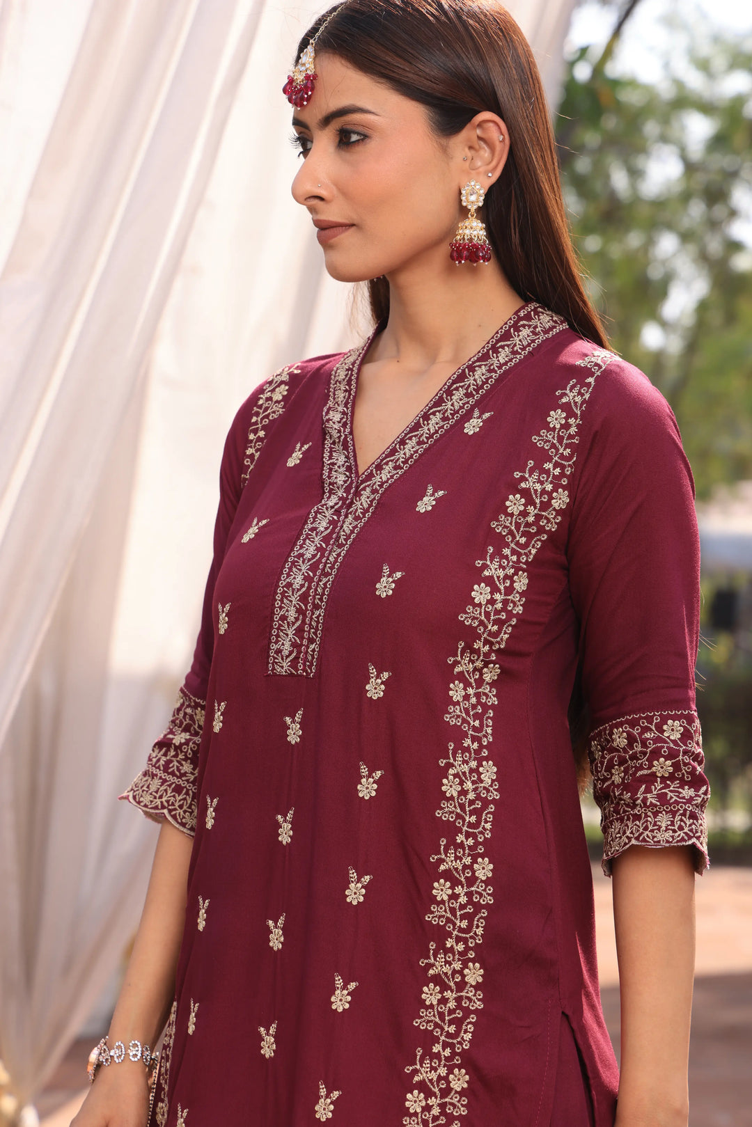 Maroon Pakistani Straight Embroidered suit with Trousers and Dupatta Set for Women