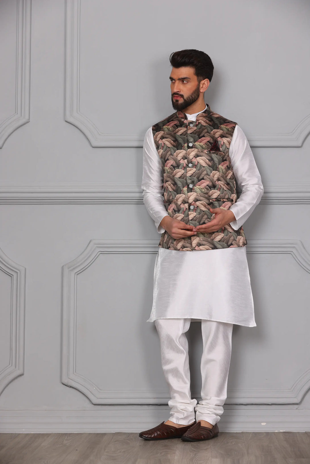 Stylish Multi-Color Nehru Jacket & White Kurta with Churidar