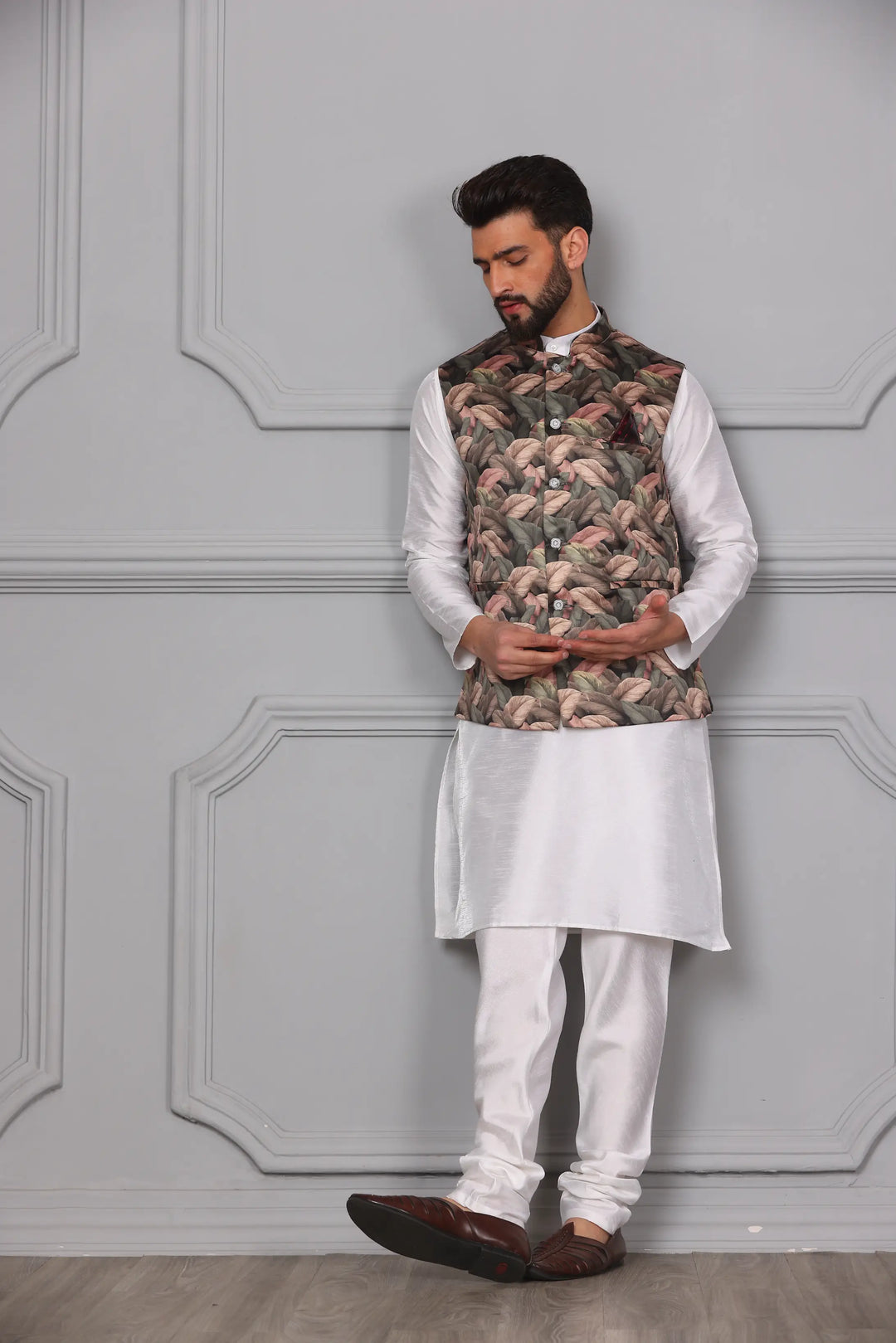 Stylish Multi-Color Nehru Jacket & White Kurta with Churidar