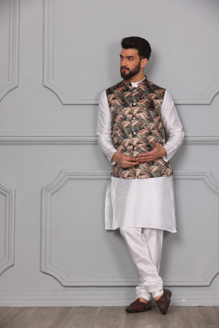 Stylish Multi-Color Nehru Jacket & White Kurta with Churidar