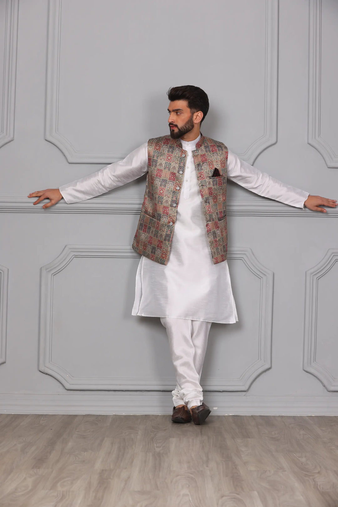 Multi-Color Nehru Jacket & White Kurta with Churidar: Timeless Men's Ethnic Ensemble