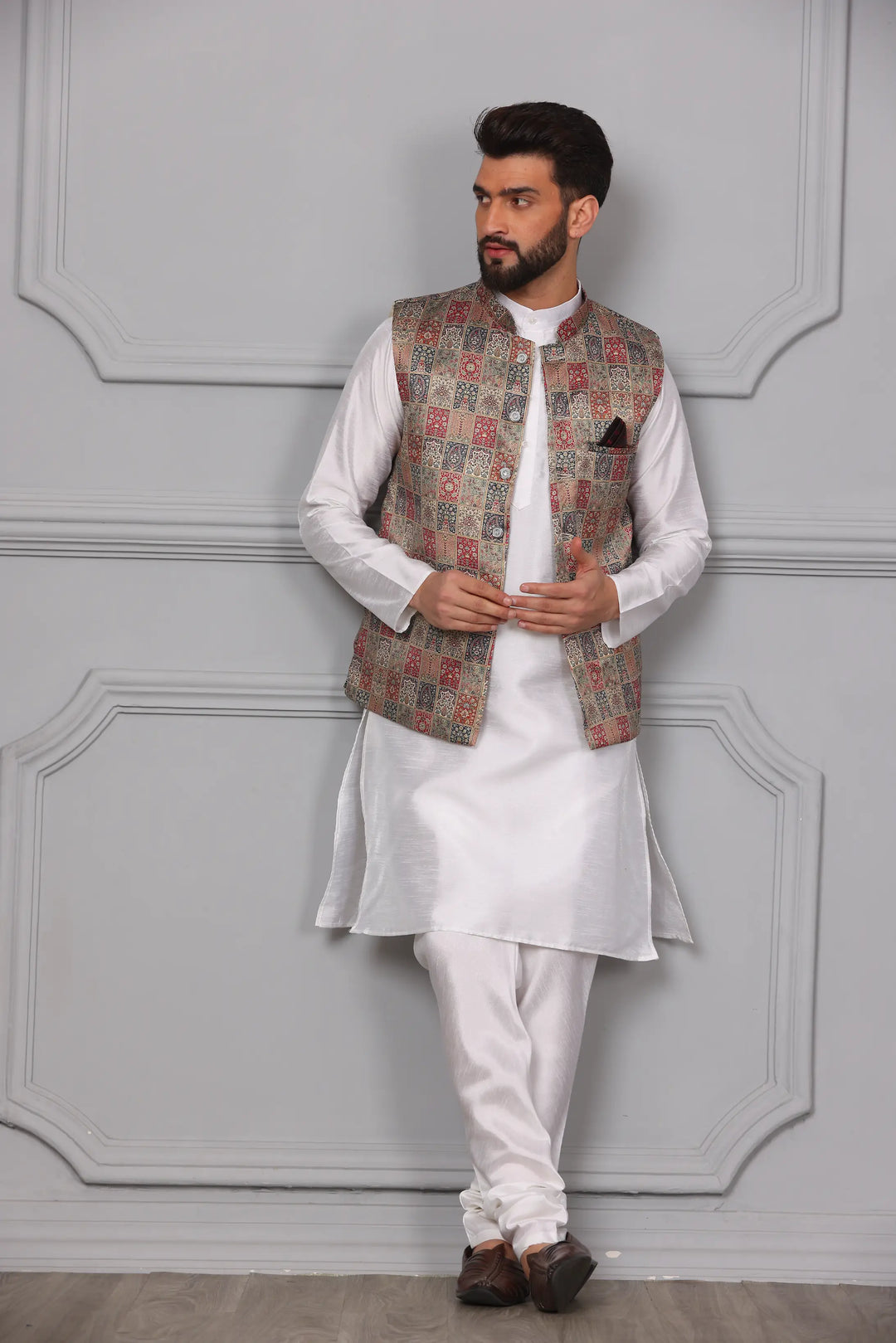 Multi-Color Nehru Jacket & White Kurta with Churidar: Timeless Men's Ethnic Ensemble