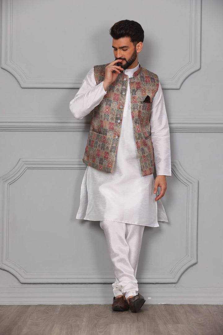 Multi-Color Nehru Jacket & White Kurta with Churidar: Timeless Men's Ethnic Ensemble