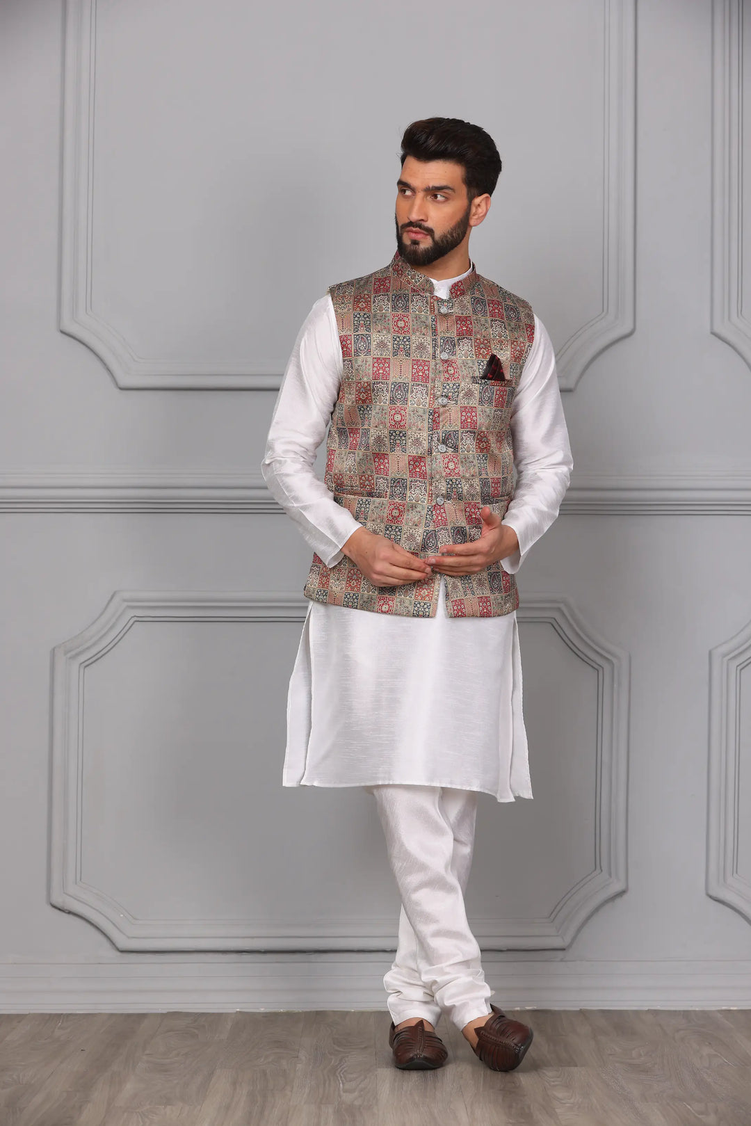 Multi-Color Nehru Jacket & White Kurta with Churidar: Timeless Men's Ethnic Ensemble