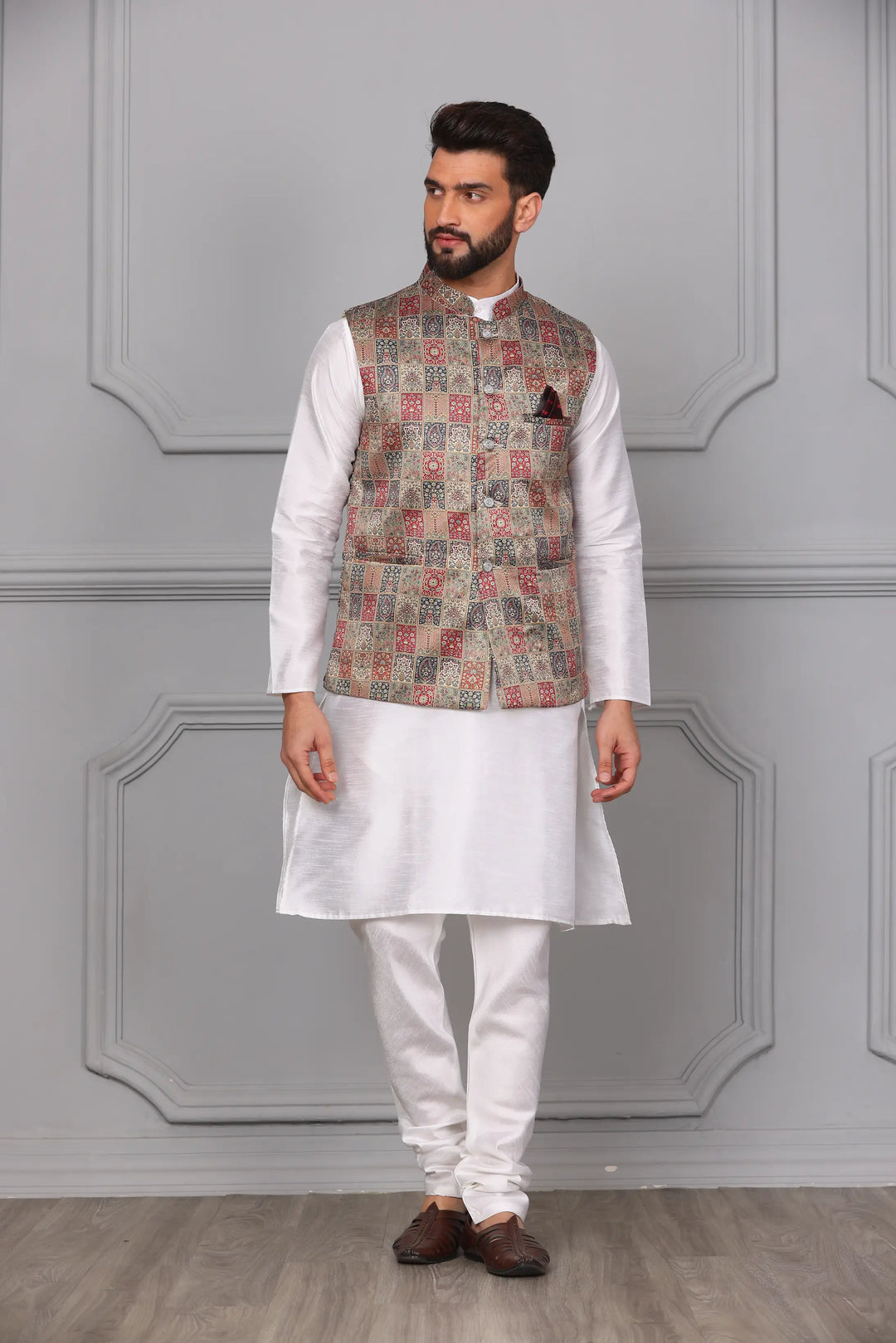 Multi-Color Nehru Jacket & White Kurta with Churidar: Timeless Men's Ethnic Ensemble