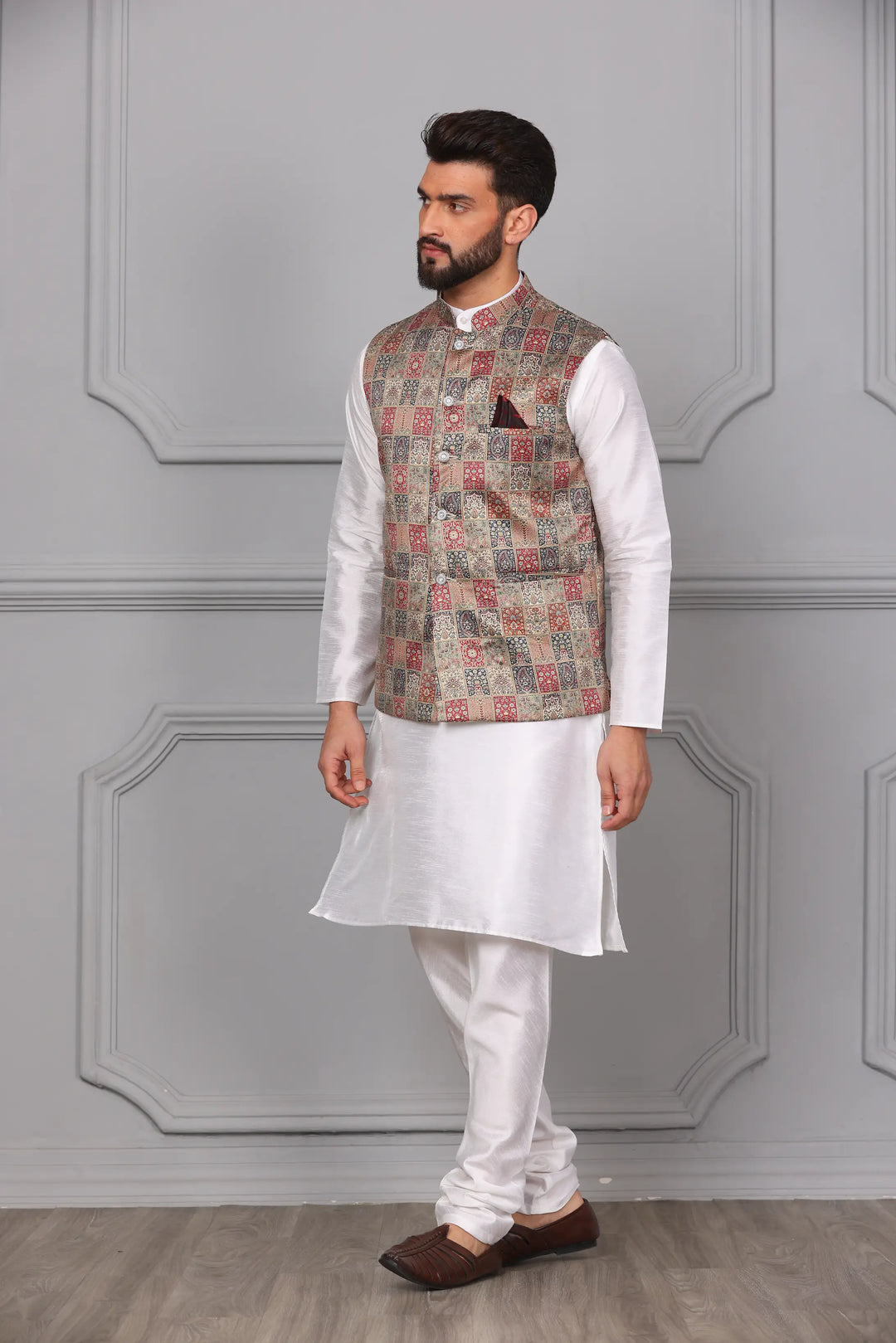 Multi-Color Nehru Jacket & White Kurta with Churidar: Timeless Men's Ethnic Ensemble