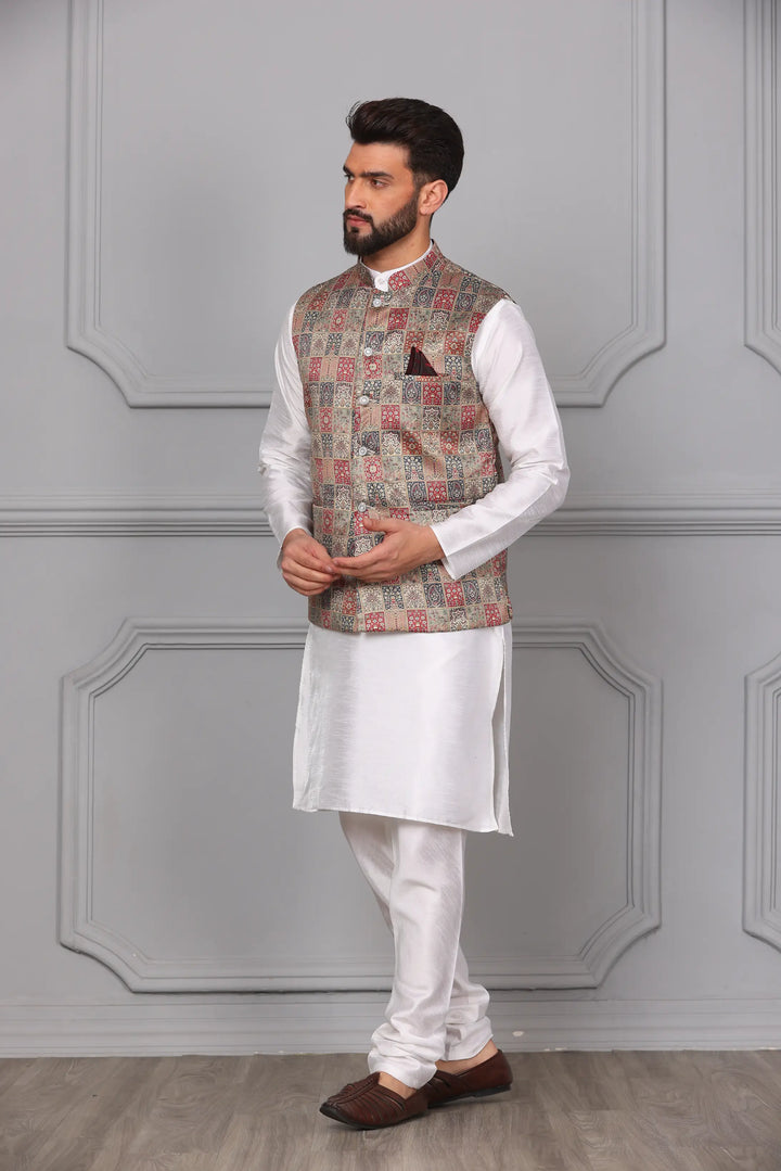 Multi-Color Nehru Jacket & White Kurta with Churidar: Timeless Men's Ethnic Ensemble