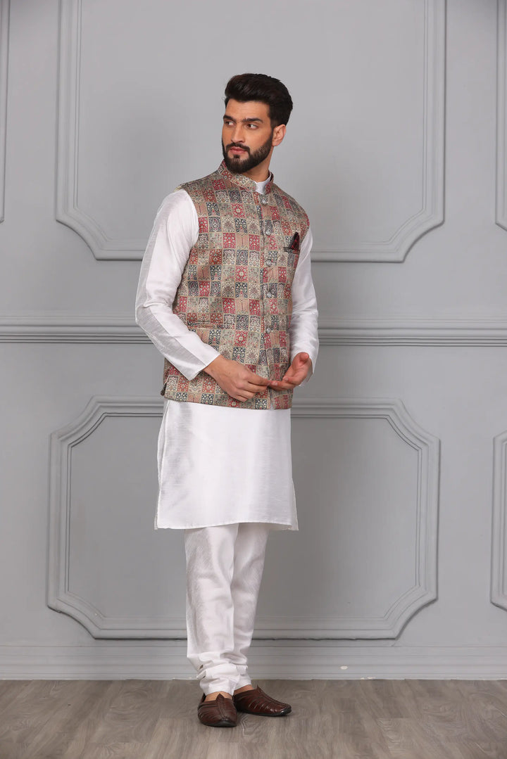 Multi-Color Nehru Jacket & White Kurta with Churidar: Timeless Men's Ethnic Ensemble