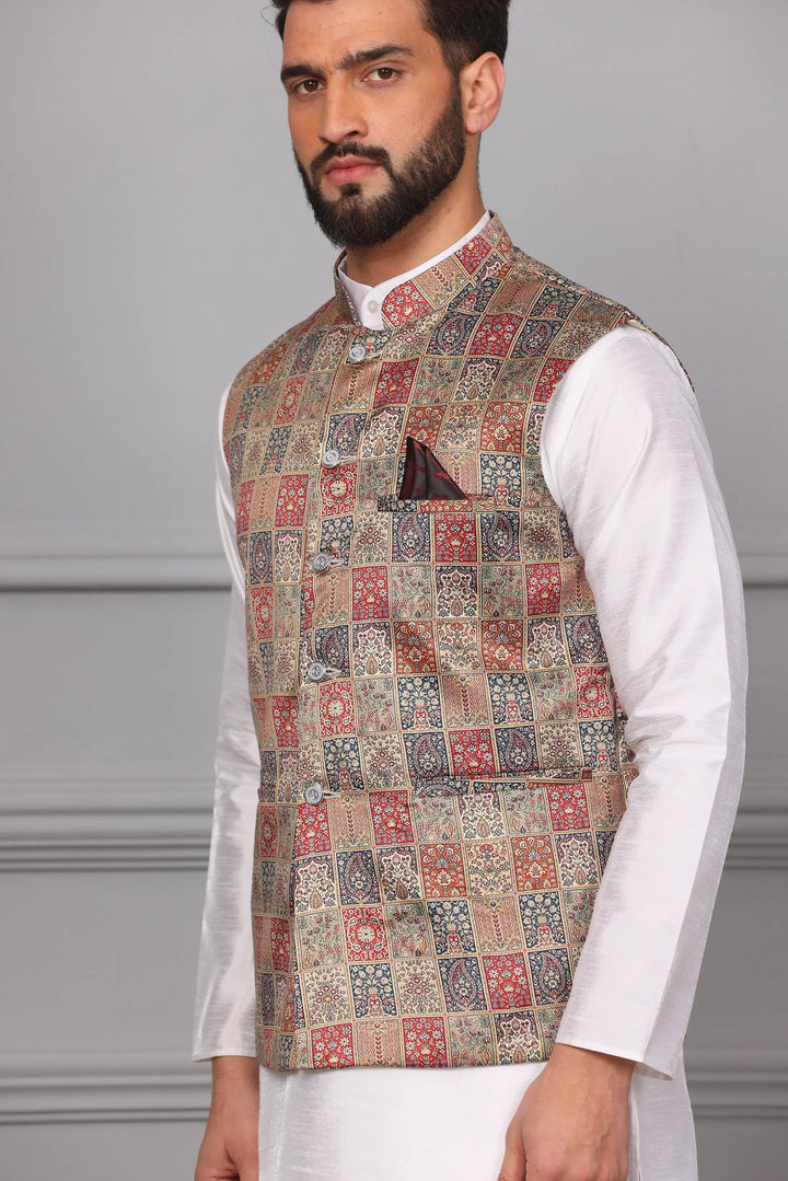 Multi-Color Nehru Jacket & White Kurta with Churidar: Timeless Men's Ethnic Ensemble