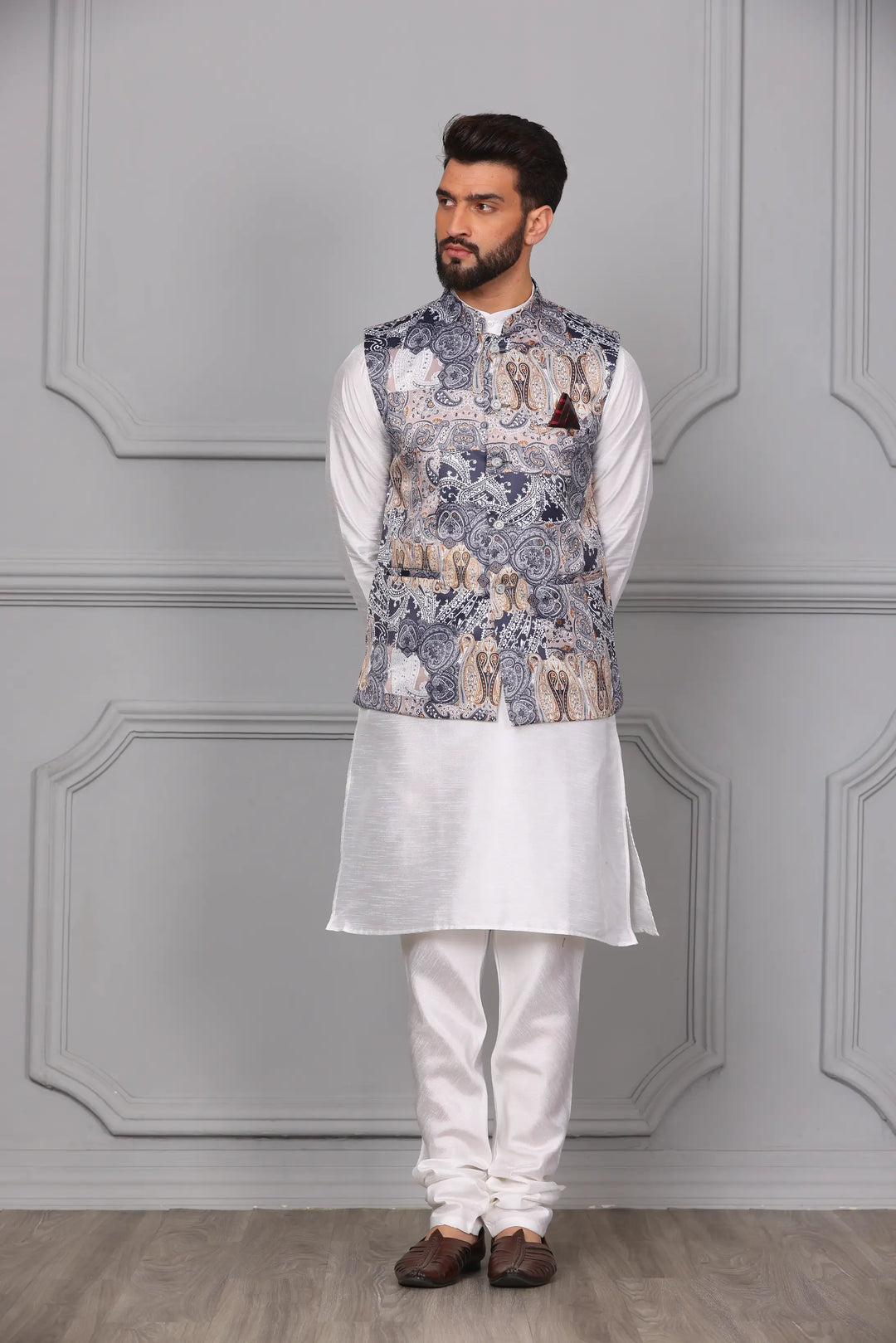 Multi-Colour Nehru Jacket & White Kurta Churidar Set: Men's Ethnic Elegance