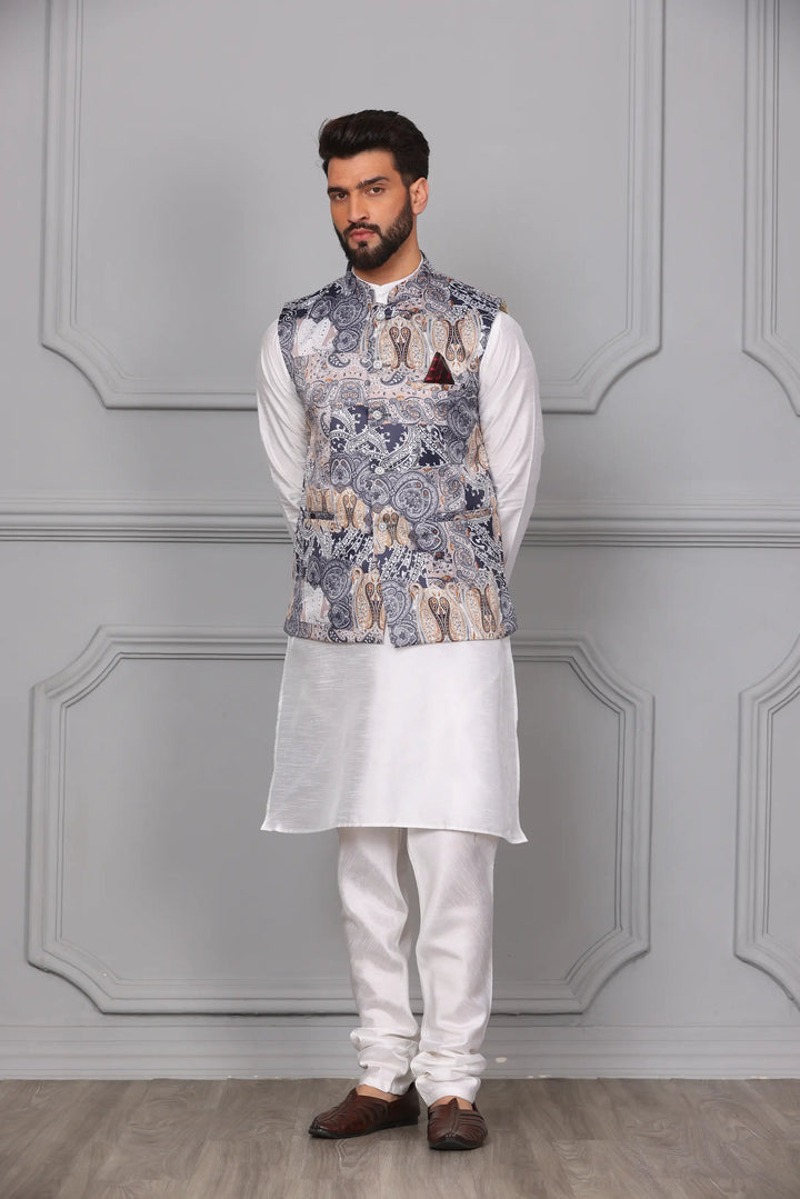 Multi-Colour Nehru Jacket & White Kurta Churidar Set: Men's Ethnic Elegance